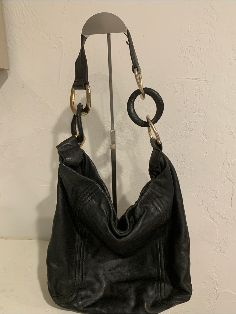 Michael Kors Black Leather Shoulder ZipHobo Gold & Black Ring Accent Logo Charm
